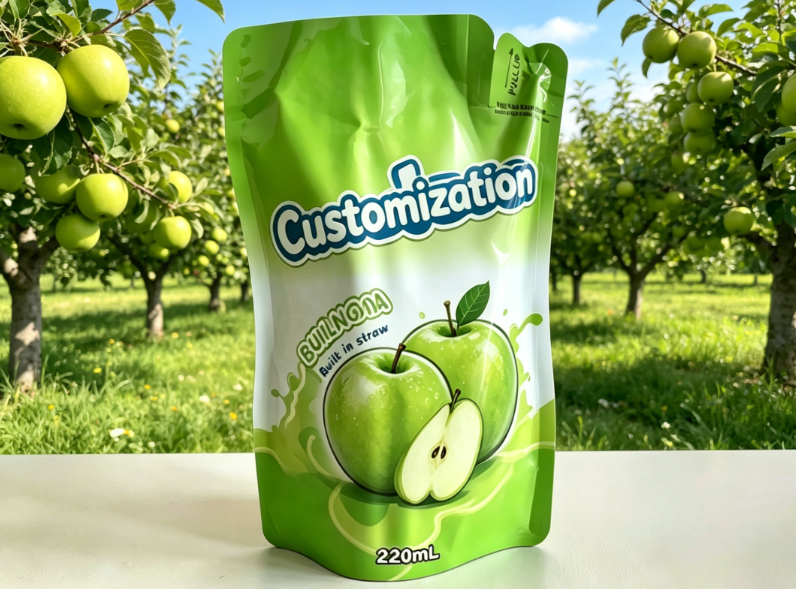 Pungi cu paie încorporate imprimate personalizat de 220 ml pentru băuturi cu sucuri din piure de fructe