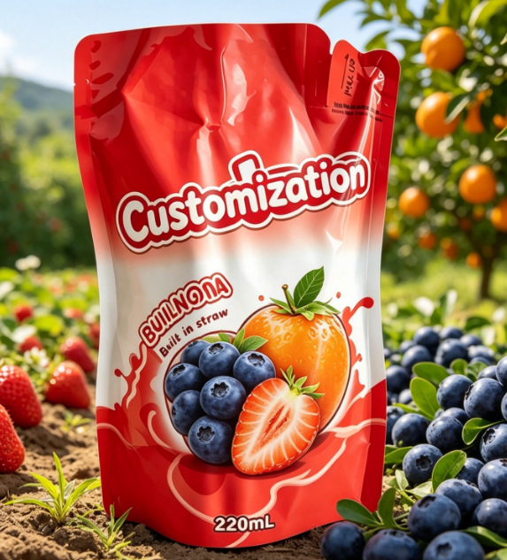 Pungi cu paie încorporate imprimate personalizat de 220 ml pentru băuturi cu sucuri din piure de fructe