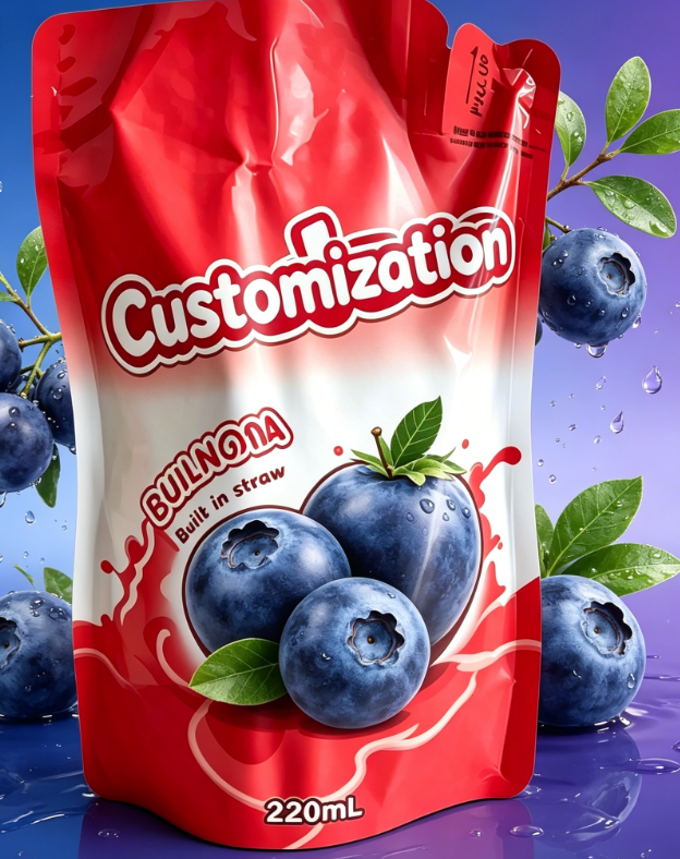 Pungi cu paie încorporate imprimate personalizat de 220 ml pentru băuturi cu sucuri din piure de fructe