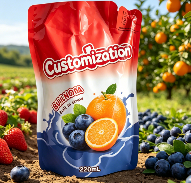 Pungi cu paie încorporate imprimate personalizat de 220 ml pentru băuturi cu sucuri din piure de fructe