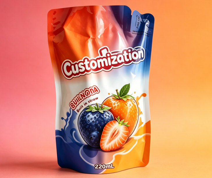 Pungi cu paie încorporate imprimate personalizat de 220 ml pentru băuturi cu sucuri din piure de fructe