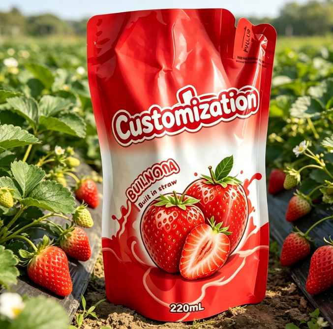 Pungi cu paie încorporate imprimate personalizat de 220 ml pentru băuturi cu sucuri din piure de fructe