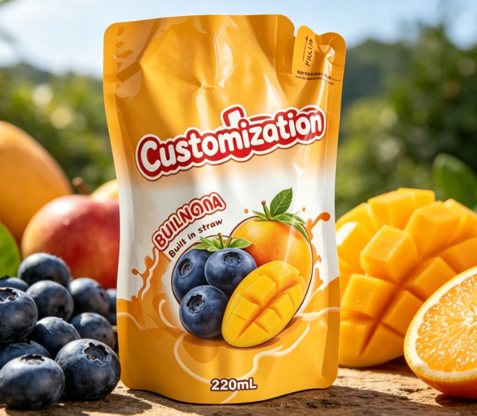 Pungi cu paie încorporate imprimate personalizat de 220 ml pentru băuturi cu sucuri din piure de fructe