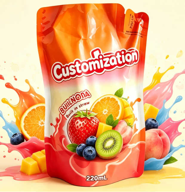 Pungi de paie încorporate pentru suc de fructe amestecate de 220 ml Pungi de ambalare pentru băuturi imprimate personalizat