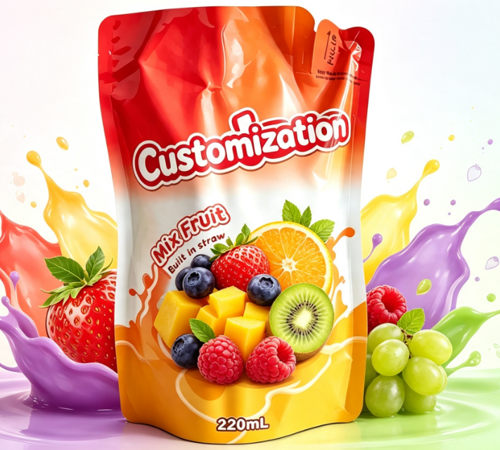 Pungi de paie încorporate pentru suc de fructe amestecate de 220 ml Pungi de ambalare pentru băuturi imprimate personalizat