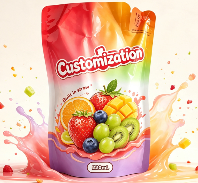 Pungi de paie încorporate pentru suc de fructe amestecate de 220 ml Pungi de ambalare pentru băuturi imprimate personalizat