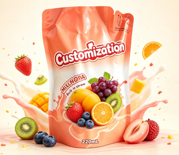 Pungi de paie încorporate pentru suc de fructe amestecate de 220 ml Pungi de ambalare pentru băuturi imprimate personalizat