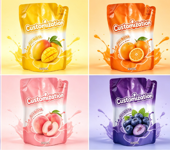 Pungi de stoarcere cu paie încorporate cu arome multiple, 220 ml Pungi de ambalare pentru piure de fructe și suc personalizate