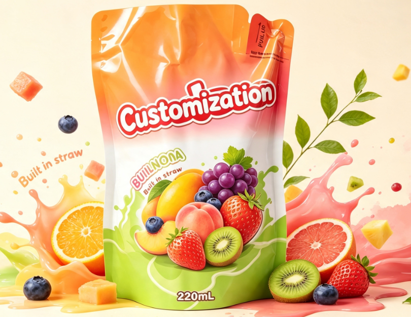 Pungi de paie încorporate pentru suc de fructe amestecate de 220 ml Pungi de ambalare pentru băuturi imprimate personalizat